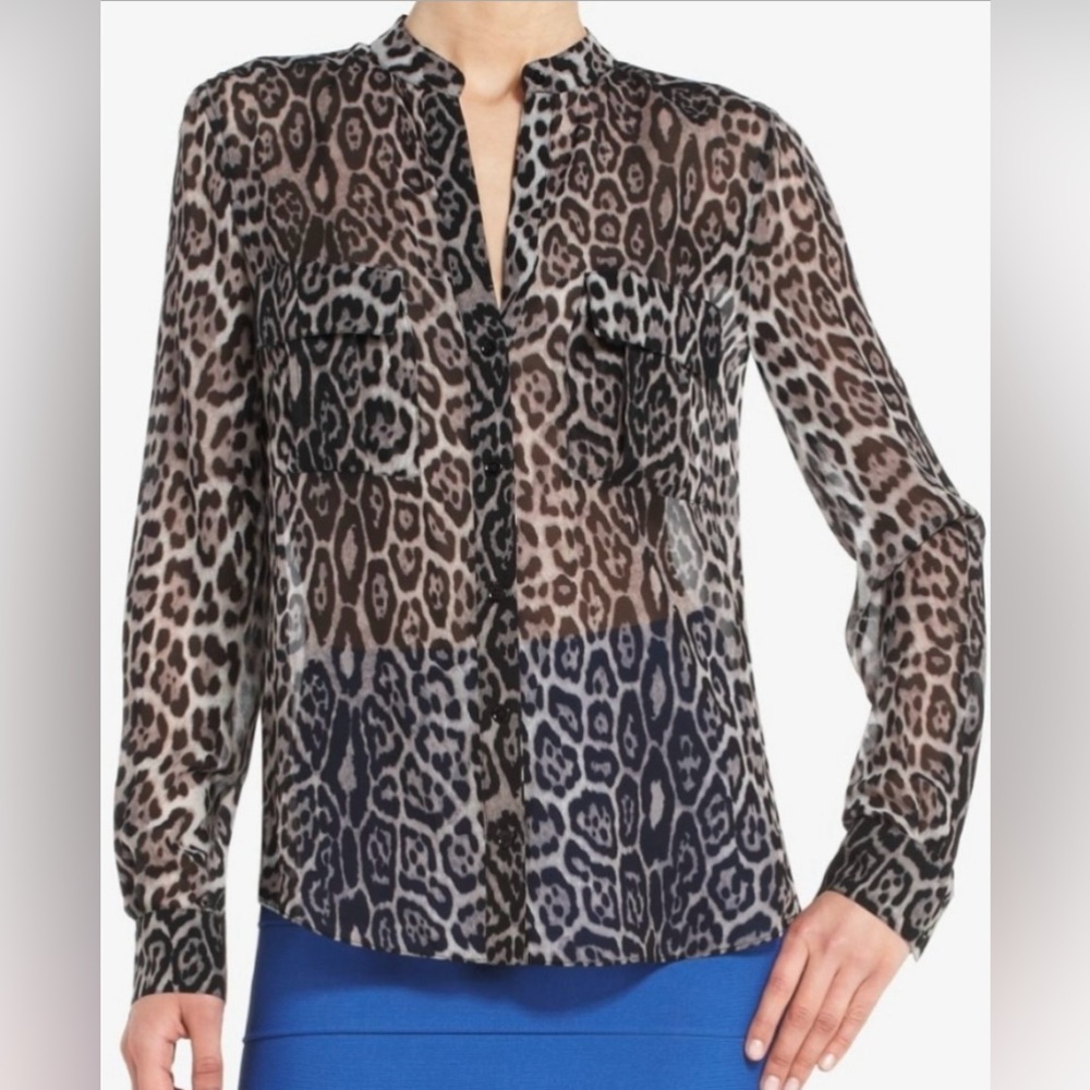 BCBGMaxAzria Black Gray Sheer Long Sleeve Blouse